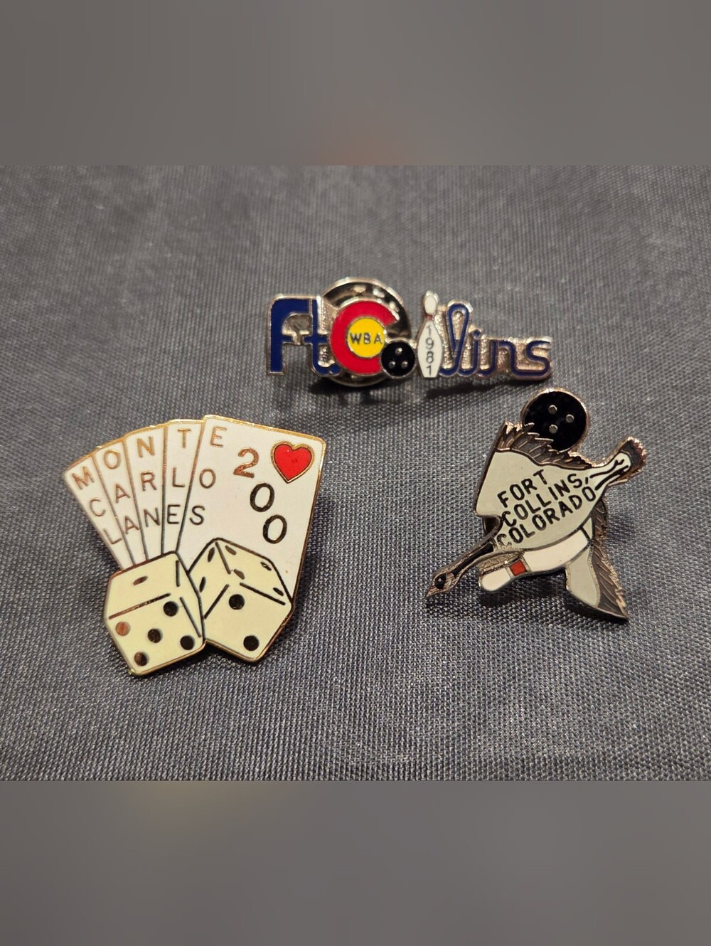 Vintage Bowling Lapel Pins Monte Carlo Lanes 200 Goose Fort Ft Collins Colorado